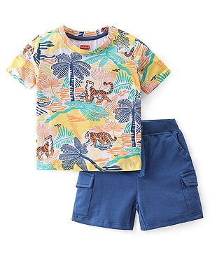 Babyhug Single Jersey Knit Half Sleeves T-Shirt & Shorts Set Tiger Print - Multicolor