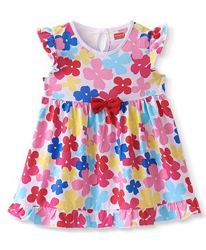 Babyhug  Single Jersey Knit Sleeveless Frock with Bow Applique & Floral Print - White