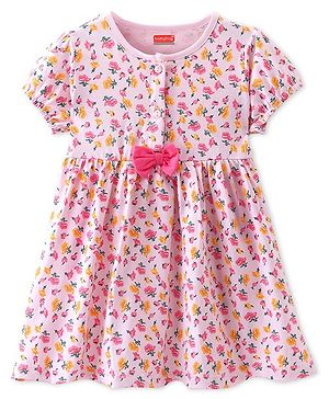 Babyhug Single Jersey Knit Half Sleeves Frock with Floral Print & Bow Applique - Pink
