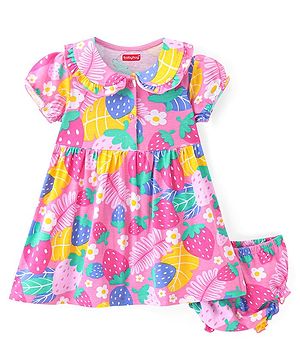 Babyhug Single Jersey Knit Half Sleeves Peter Pan Collared Floral Printed Frock With Bloomer - Pink