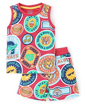 Babyhug 100% Cotton Knit Single Jersey Sleeveless T-Shirt & Shorts Text Print - Red