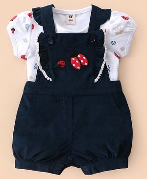 ToffyHouse Cotton Knit Puff Sleeves T-Shirt & Dungaree Set With Bugs Embroidery - Navy & White