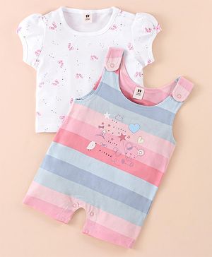 ToffyHouse Half Sleeves Printed T-Shirt & Dungaree Style Romper with Bear Print- Multicolor