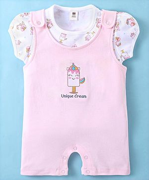 ToffyHouse Dungaree Style Romper with Half Sleeves T-Shirt Ice Cream Print & Embroidery - White & Pink