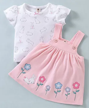ToffyHouse Cotton Frock with Half Sleeves Inner Tee Bunny Print & Floral Embroidery- Pink
