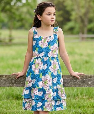 Pine Kids 100% Cotton Knit Sleevless Frock with Floral Print - Blue & Green