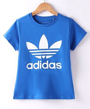 Adidas Kids Cotton Half Sleeves T-Shirt Logo Print - Blue