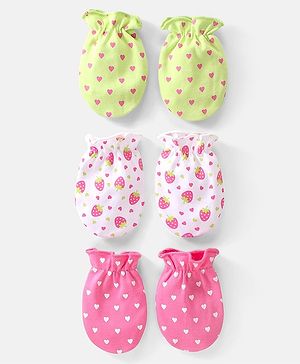 Babyhug 100% Cotton Mittens Heart & Strawberry Print Pack of 3 - Multicolour