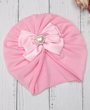 Yellow Bee Heart & Bow Embellished Turban Cap - Light Pink