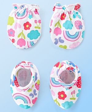 Babyhug 100% Cotton Knit Floral Print Mittens and Booties - Multicolor