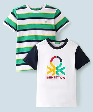 UCB Cotton Knit Half Sleeves Solid & Striped T-Shirt with Brand Logo Embroidery & Print Pack of 2  - Green