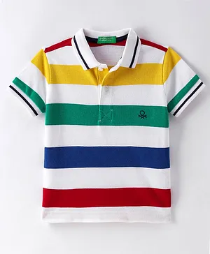 UCB Cotton Knit Half Sleeves Striped Polo  T-Shirt with Brand Logo Embroidery  - Red