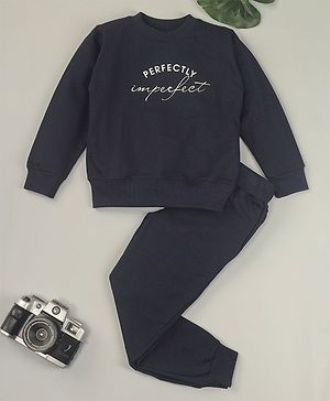 Funkrafts Pure Cotton Full Sleeves Perfectly Imperfection Text Printed Tee With Joggers - Navy Blue