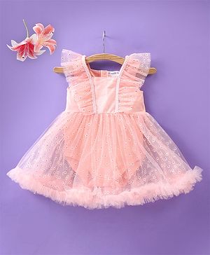 Mark & Mia Sleeveless Frock Style Party Onesie with Frill & Beads Detailing Floral Print - Pink