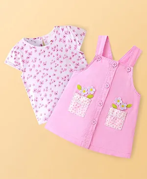 Babyhug 100% Cotton Woven Frock with Half Sleeves Inner T-Shirt Floral  Embroidery - Pink