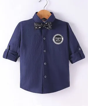 Dapper Dudes Full Sleeves Placement Patch Detailed Shirt With Bow - Navy Blue