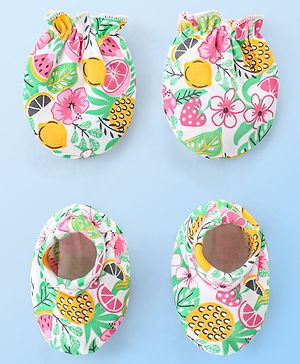 Babyhug 100% Cotton Knit Fruit Print Mittens and Booties - Multicolor