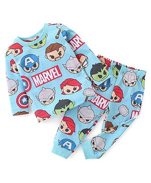 Babyhug Marvel Cotton Knit Single Jersey Full Sleeve Night Suit With Avengers Print - Blue