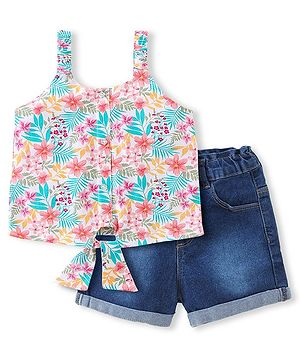 Babyhug 100% Cotton Knit Singlet Sleeves Top & Denim Shorts With Floral Print - Multicolour