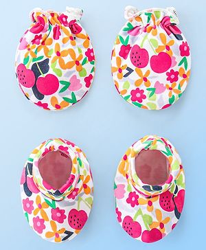 Babyhug 100% Cotton Knit Floral Print Mittens and Booties - Multicolor