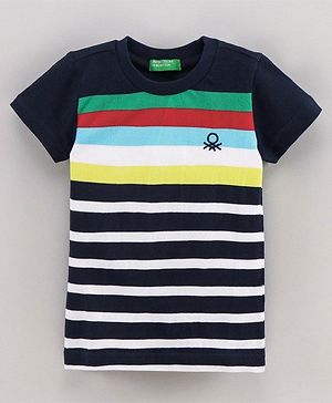 UCB Cotton Half Sleeves Striped T-Shirt with Logo Embroidery - Blue