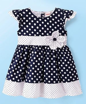Babyhug Rayon Woven Knit Cap Sleeves Frock Polka Dots Print - Navy Blue