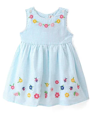 Babyhug 100% Cotton Woven Frock Sleeveless With Floral Embroidery - Mint Blue