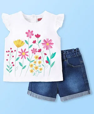 Babyhug 100% Cotton Knit Cap Sleeves Top & Denim Shorts With Floral Print - White & Blue