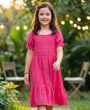Pine Kids Cotton Woven Half Sleeves Frock with Schiffli Embroidery - Pink