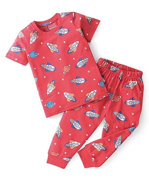 Babyhug Cotton Knit Single Jersey Half Sleeves Night Suit With Rocket Print - Red