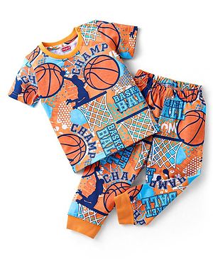 Babyhug Single Jersey Knit Half Sleeves Night Suit Basketball Print - Orange & Blue