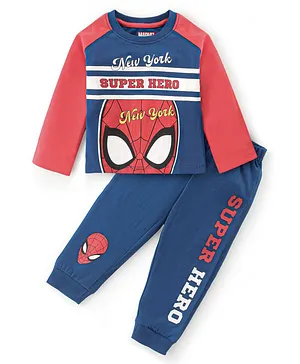 Babyhug Marvel Cotton Knit Single Jersey Raglan Sleeve Night Suit With Spiderman Graphics - Red & Blue