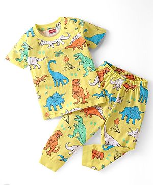 Babyhug Single Jersey Knit Half Sleeves Night Suit With Dino Print - Yellow