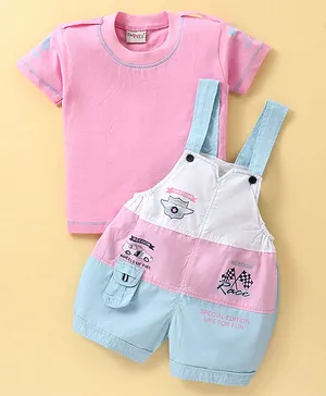 Dapper Dudes Colour Blocked Dungaree With Half Sleeves Tee - Pink