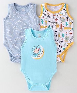 OHMS Single Jersey Sleeveless Dino Printed Onesies Pack of 3 - Multicolour