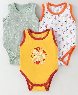 OHMS Single Jersey Sleeveless Dino Printed Onesies Pack of 3 - Multicolour