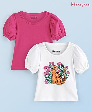 Honeyhap Premium 100% Cotton Half Puff Sleeves Solid Color & Tiger Printed  Bio Finished Tops Pack Of 2 - Bright White & Raspberry Sorbet Pink