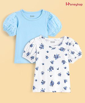 Honeyhap Premium 100% Cotton Half Sleeves Tops with Bio Finish Floral Print Pack of 2 - Bright White & Atomizer Blue