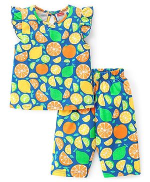 Babyhug Cotton Knit Single Jersey Frill Sleeves Capri Night Suit With Citric Fruits Print - Navy Blue & Green