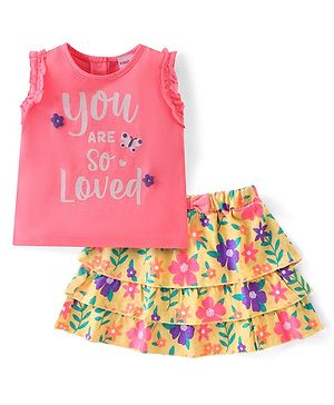Babyhug 100% Cotton Knit Sleeveless Top & Skirt With Text & Floral Print - Pink & Yellow