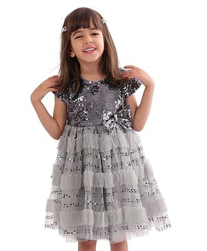 Babyhug Cap Sleeves Party Frock  with Sequinned Yoke & Bow Applique - Grey