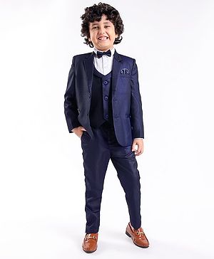 Babyhug Full Sleeves Solid Color Party Suit With Waistcoat & Bow -Navy Blue