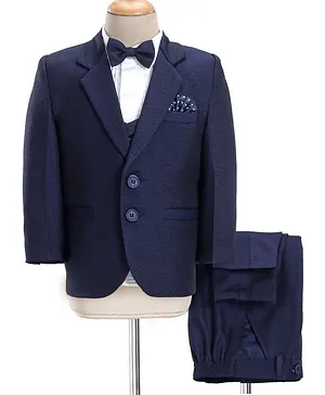 Babyhug Full Sleeves Solid Color Party Suit With Waistcoat & Bow -Navy Blue