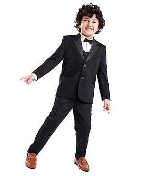 Babyhug Party Wear Full Sleeves Embellished Party Suit With Waistcoat & Bow - Black & White