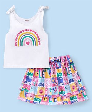 Babyhug Single Jersey Knit Sleeveless Top & Skirt Set Rainbow Embroidery & Floral Print - Pink & Multicolor