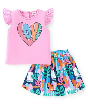 Babyhug Single Jersey Knit Frill Sleeves Top & Skirt Set Text & Leaf Print - Pink & Multicolor