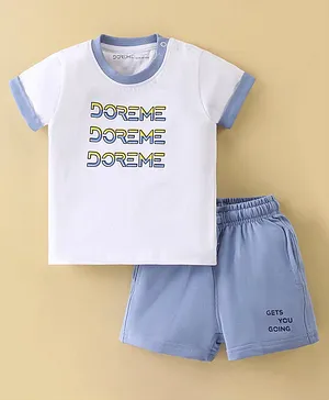 Doreme Single Jersey Half Sleeves T-Shirt & Shorts With Logo Print- Blue & White
