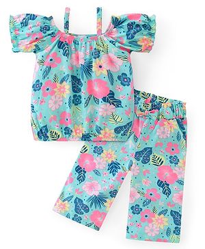 Babyhug Single Jersey Knit Off Shoulder Sleeves Top And Lounge Pant Floral Print - Blue