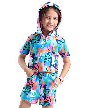 Babyhug 100% Cotton Knit Single Jersey Half Sleeves Hooded T-Shirt & Shorts With Coral Life Print - Multicolour
