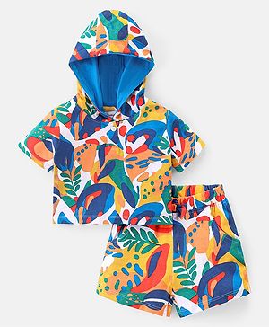 Babyhug 100% Cotton Knit Half Sleeve Hooded Top & Shorts Set with Abstract Print - Multicolor